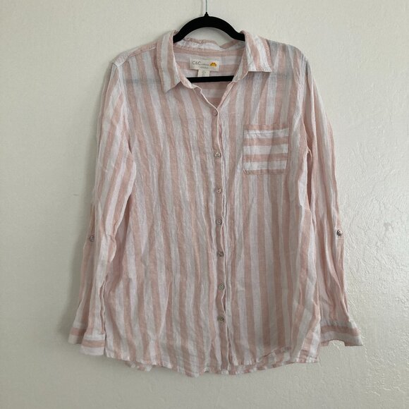 C&C California 100% Linen Striped Button Down Top White Pink Beach Nautical L - Picture 1 of 7